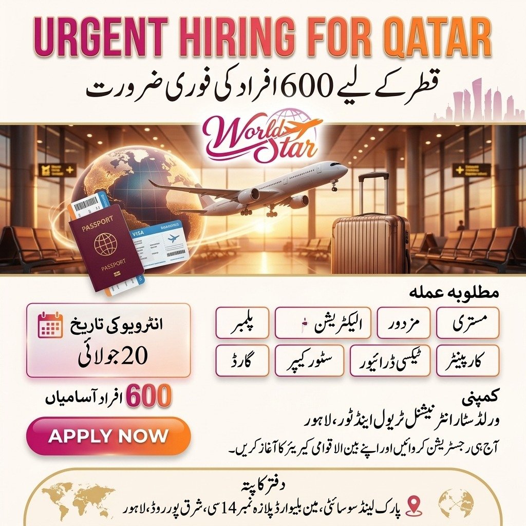 Urgent hiring for Qatar — 600 positions vacancy poster, interview on 20 July